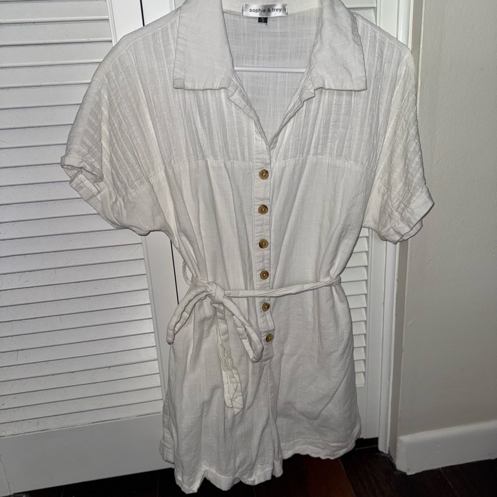 Sophie & Trey Boutique- White Button-Up Romper with Belt